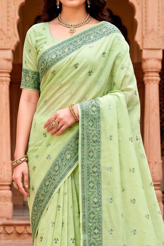 Green Cotton Blend Woven Work Traditional Saree