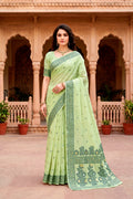 Green Cotton Blend Woven Work Traditional Saree