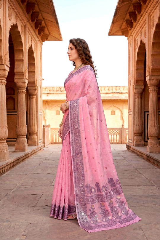 Pink Cotton Blend Woven Work Traditional Saree