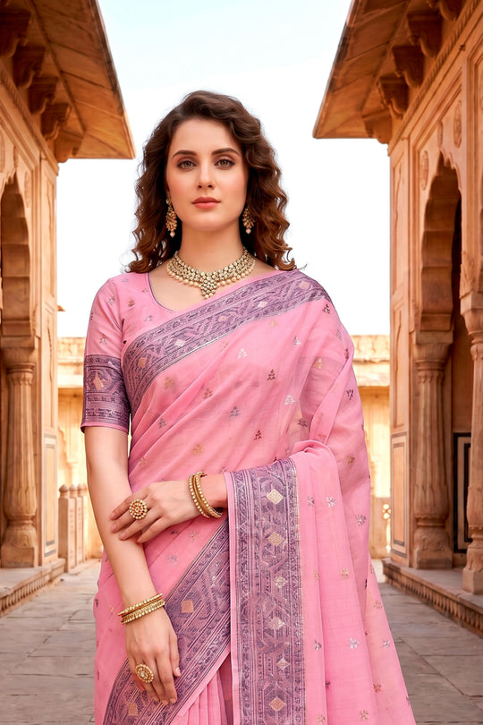Pink Cotton Blend Woven Work Traditional Saree
