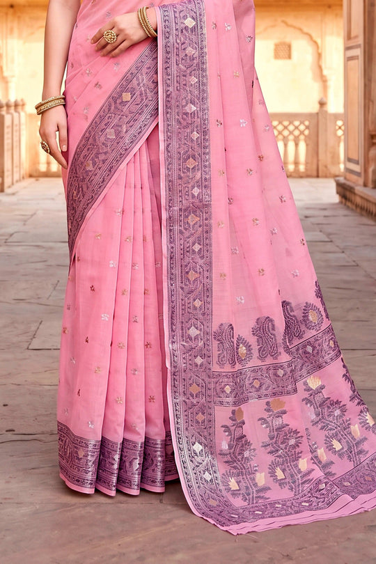 Pink Cotton Blend Woven Work Traditional Saree