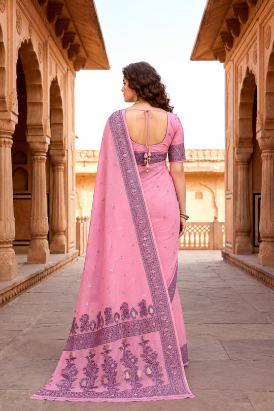 Pink Cotton Blend Woven Work Traditional Saree