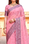 Pink Cotton Blend Woven Work Traditional Saree