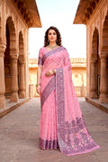 Pink Cotton Blend Woven Work Traditional Saree