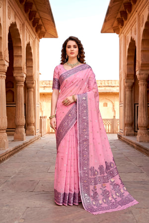 Pink Cotton Blend Woven Work Traditional Saree