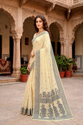 Light Yellow Cotton Blend Woven Work Traditional Saree