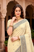 Light Yellow Cotton Blend Woven Work Traditional Saree