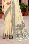 Light Yellow Cotton Blend Woven Work Traditional Saree