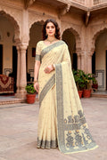 Light Yellow Cotton Blend Woven Work Traditional Saree