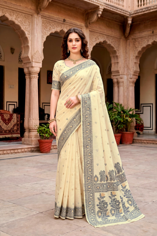 Light Yellow Cotton Blend Woven Work Traditional Saree