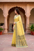 Yellow Cotton Blend Woven Work Traditional Saree