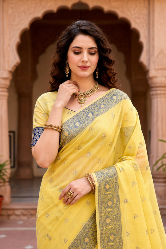 Yellow Cotton Blend Woven Work Traditional Saree