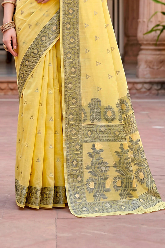 Yellow Cotton Blend Woven Work Traditional Saree