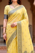 Yellow Cotton Blend Woven Work Traditional Saree