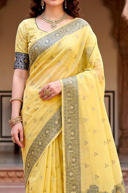 Yellow Cotton Blend Woven Work Traditional Saree