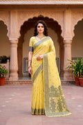 Yellow Cotton Blend Woven Work Traditional Saree
