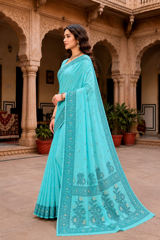 Teal Blue Cotton Blend Woven Work Traditional Saree