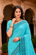 Teal Blue Cotton Blend Woven Work Traditional Saree