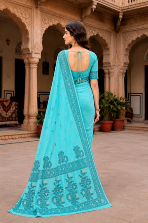 Teal Blue Cotton Blend Woven Work Traditional Saree