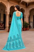 Teal Blue Cotton Blend Woven Work Traditional Saree