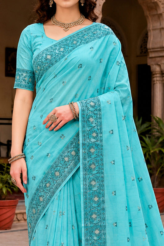 Teal Blue Cotton Blend Woven Work Traditional Saree