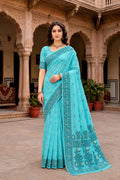 Teal Blue Cotton Blend Woven Work Traditional Saree