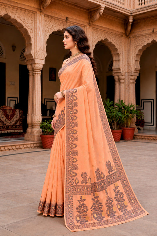 Peach Cotton Blend Woven Work Traditional Saree