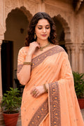 Peach Cotton Blend Woven Work Traditional Saree