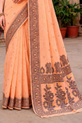 Peach Cotton Blend Woven Work Traditional Saree