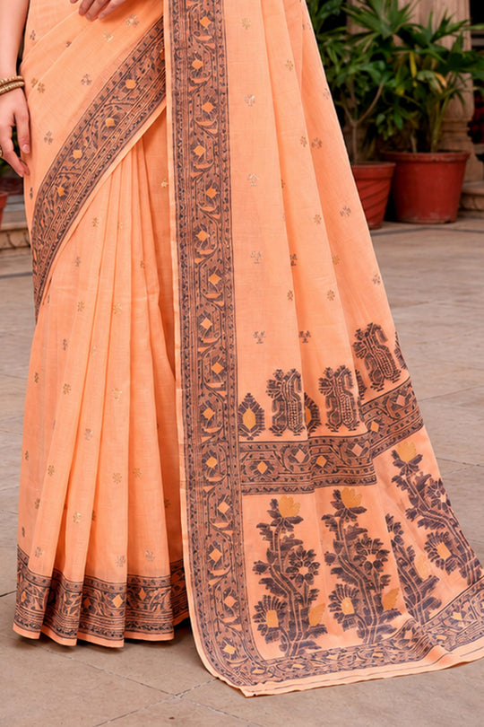 Peach Cotton Blend Woven Work Traditional Saree