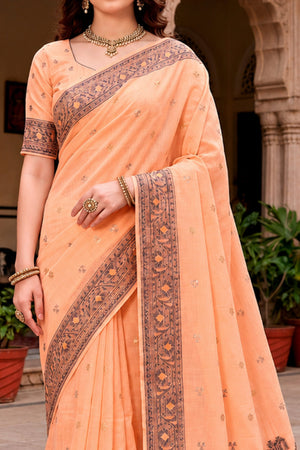 Peach Cotton Blend Woven Work Traditional Saree