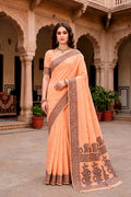 Peach Cotton Blend Woven Work Traditional Saree