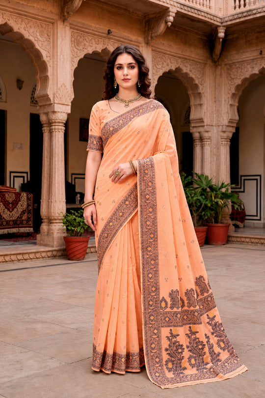 Peach Cotton Blend Woven Work Traditional Saree