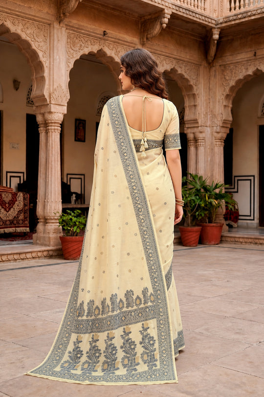 Light Yellow Cotton Blend Woven Work Traditional Saree