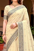 Light Yellow Cotton Blend Woven Work Traditional Saree