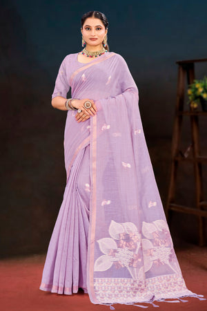 Lavender Cotton Blend Woven Work Traditional Saree