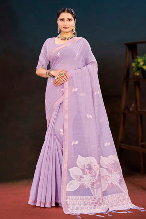 Lavender Cotton Blend Woven Work Traditional Saree