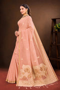 Peach Cotton Blend Woven Work Traditional Saree