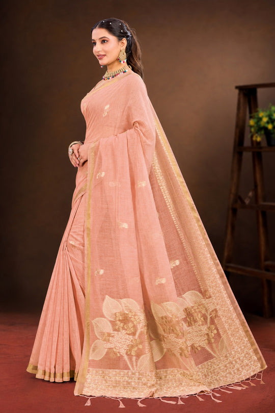 Peach Cotton Blend Woven Work Traditional Saree
