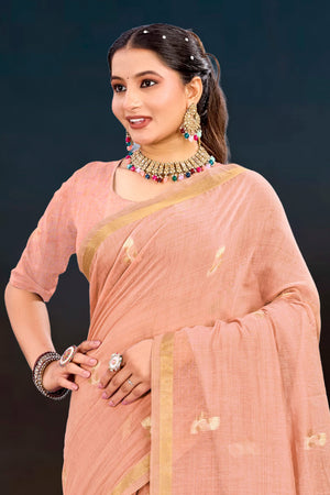 Peach Cotton Blend Woven Work Traditional Saree