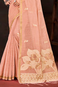 Peach Cotton Blend Woven Work Traditional Saree