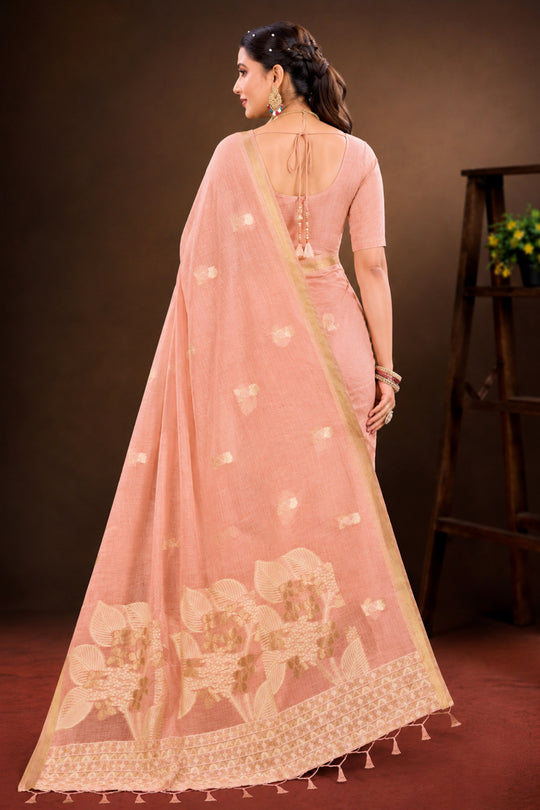 Peach Cotton Blend Woven Work Traditional Saree