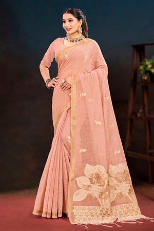 Peach Cotton Blend Woven Work Traditional Saree