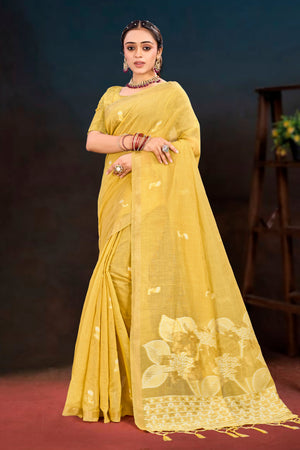 Yellow Cotton Blend Woven Work Traditional Saree