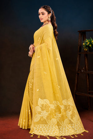 Yellow Cotton Blend Woven Work Traditional Saree