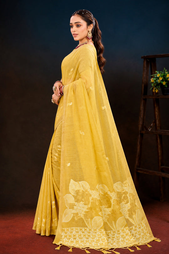 Yellow Cotton Blend Woven Work Traditional Saree