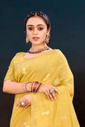 Yellow Cotton Blend Woven Work Traditional Saree