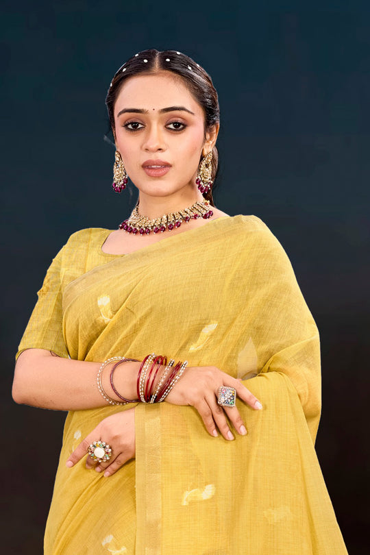 Yellow Cotton Blend Woven Work Traditional Saree