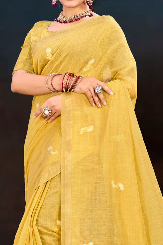Yellow Cotton Blend Woven Work Traditional Saree
