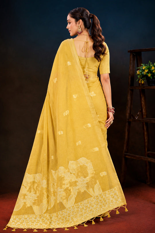 Yellow Cotton Blend Woven Work Traditional Saree